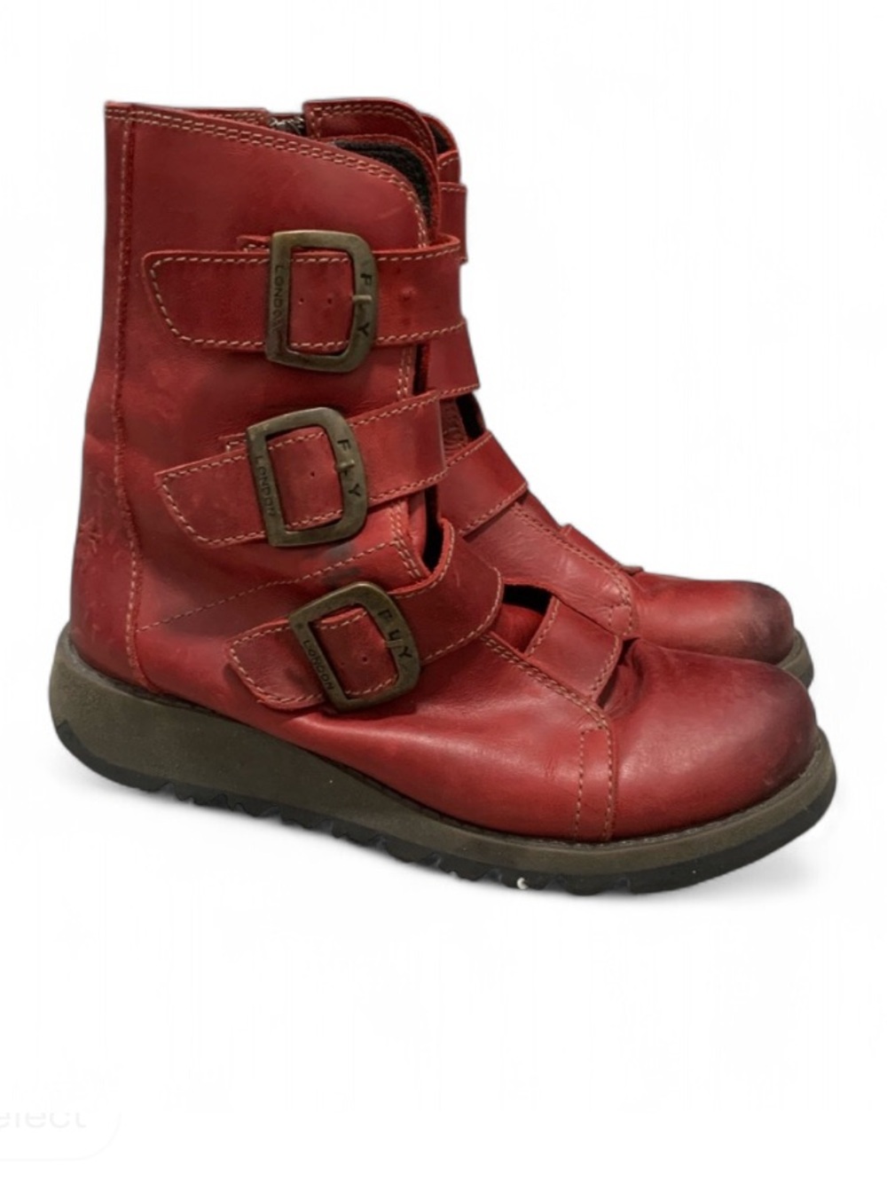 Fly London Spec Red Triple-Buckle Leather Boots
